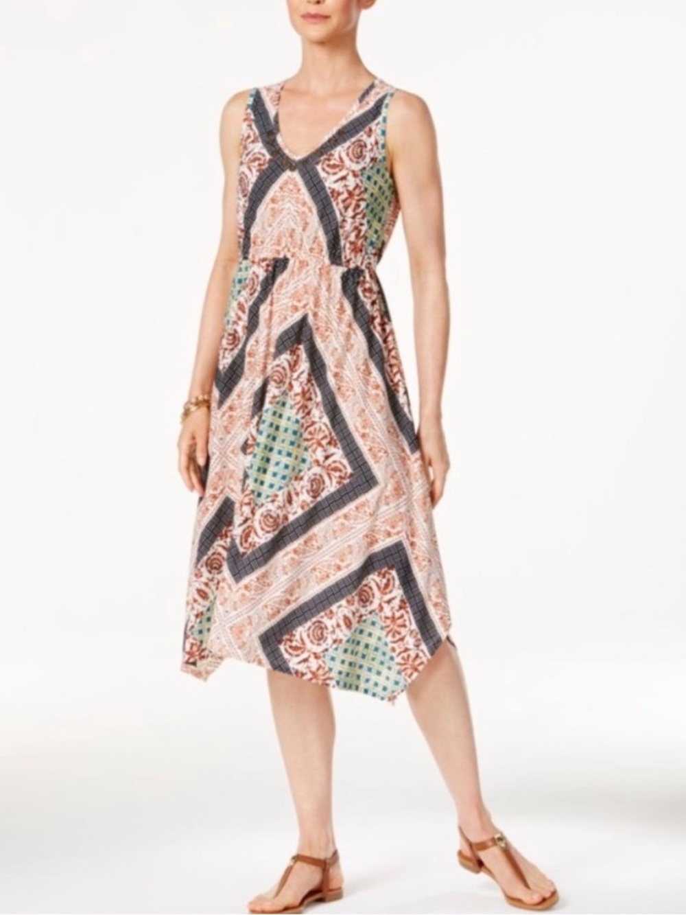 Style & Co Printed Handkerchief-Hem Dress Boho Festival Gypsy Chic Size Large